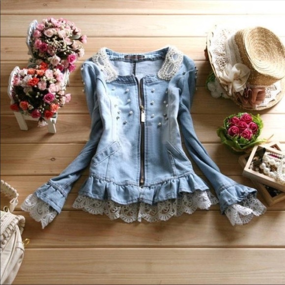 denim jacket with lace and pearls